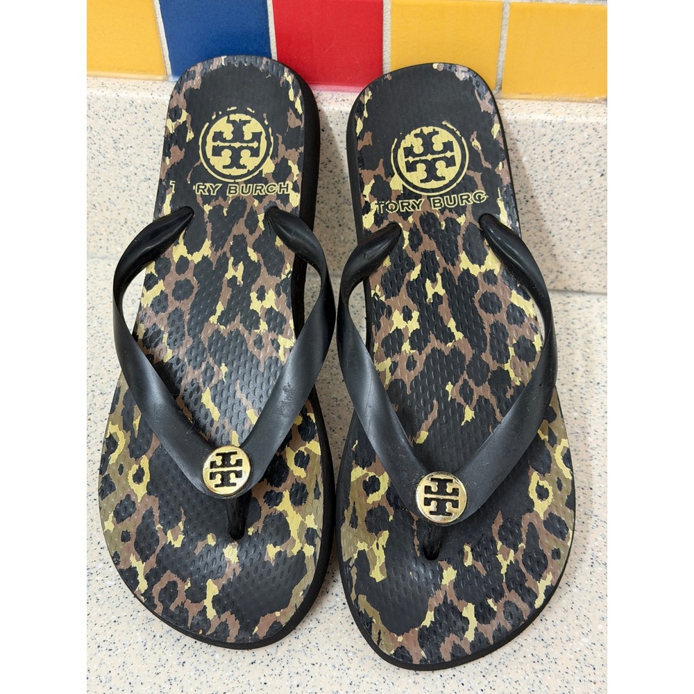 Tory Burch Flip Flop Sandals Womens 7 Leopard Print Black Good Logo Medallion